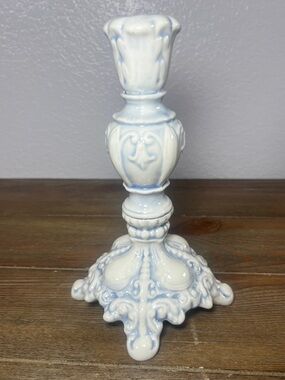 Vintage Ceramic Ornate Candle Holder Holland Mold White & Blue 7” Tall Glossy